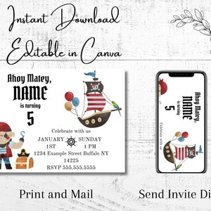 Pirate Birthday Invitation, Boy Birthday Invite, Pirate Themed Kids Party, Editable Printable Download, Digital Invitation