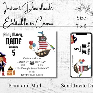 Pirate Birthday Invitation, Girl Birthday Invite, Pirate Themed Kids Party, Editable Printable Download, Digital Invitation