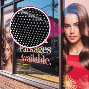 Custom Perforated Window Vinyl Storefront Ad – Business Logo & Promo One-Way Vision Film for Retail, Shops and Outdoor Custom Advertising