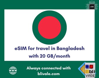 Carte eSIM pour voyager au Bangladesh. 20 Go à utiliser en 1 mois