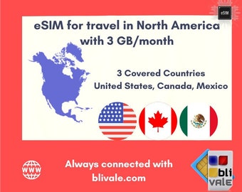 eSIM for region North America with local use by country United States, Canada, Mexico. Choose the 3GB to use in 1 month
