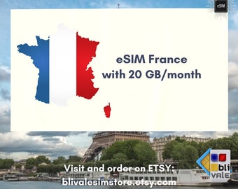 eSIM pour voyager en France. 20 Go à utiliser en 1 mois
