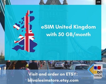 eSIM for travel in United Kingdom. 50 GB to use in 1 month