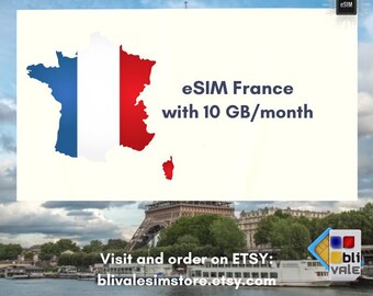 eSIM pour voyager en France. 10 Go à utiliser en 1 mois