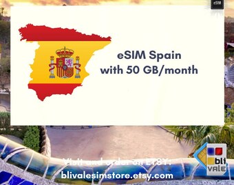 eSIM pour voyager en Espagne. 50 Go à utiliser en 1 mois