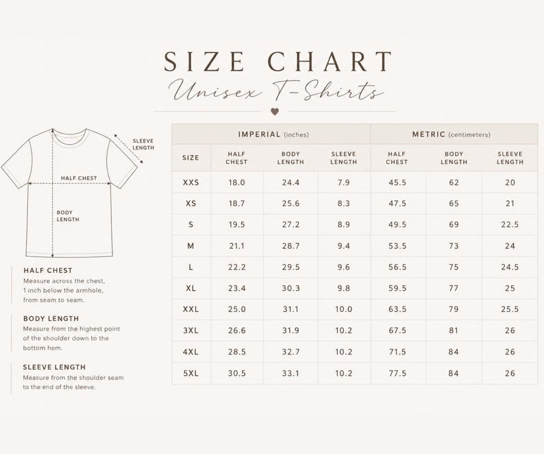 Peut inclure: Un tableau des tailles pour t-shirts unisexe avec un dessin au trait d'un t-shirt indiquant la demi-poitrine, la longueur du corps et la longueur des manches. Un tableau fournit les mesures en pouces et centim&egrave;tres pour les tailles XXS &agrave; 5XL.
