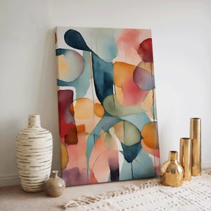 Könnte beinhalten: Abstraktes Aquarellbild mit überlappenden Formen in Blautönen, Grün, Rot, Orange und Gelb. Das Bild hat einen modernen und minimalistischen Stil.