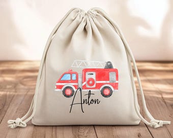 Personalisierter Feuerwehr Turnbeutel – Kinder Rucksack mit Namen – Feuerwehrmann Kita Beutel – Geschenk für Jungen – Kindergarten Tasche