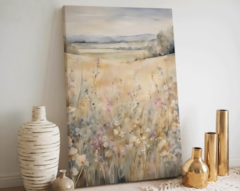 Canvas wildflower field landscape painting, vintage landscape art print, wall decoration framed canvas, pictures living room, art canva, decoration