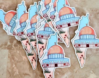 Dome of the Rock Palestine Map Sticker | Al Aqsa Mosque Art | Free Palestine Sticker | Water Resistant Glossy Sticker | Islamic Heritage Dec