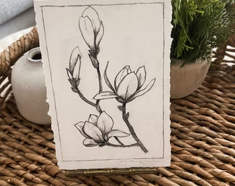 Magnolia Blooms In Charcoal | Floral Artwork | Magnolia Bloom | Feminine Flowers | Botanical Sketch | Deckled Edge Paper | Black & White