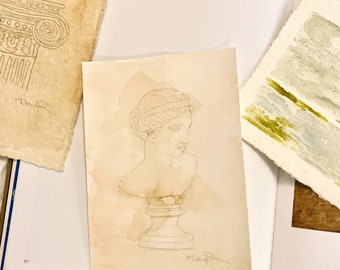 Greek Goddess Bust Drawing | Pencil on paper Sketch | Mixed Media Art | Greece Illustration | Brown/Cream Neutral | Aged Paper | Unframed
