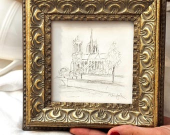 Original Paris Notre Dame Pencil Sketch | Framed French Architecture Art | Small Vintage Gold Frame | Paris Decor | One of a Kind Original