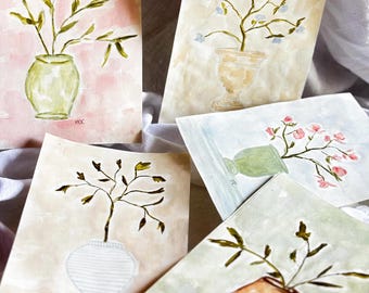 Original Botanical Watercolor Painting – Small Vase Floral Art, Mini 5x7 Cottage Decor