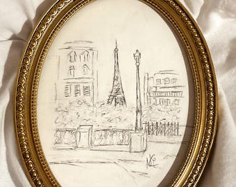Eiffel Tower Original Pencil Drawing | Paris Wall Art | Framed French Decor | Handmade European Artwork | Vintage Inspired Drawing