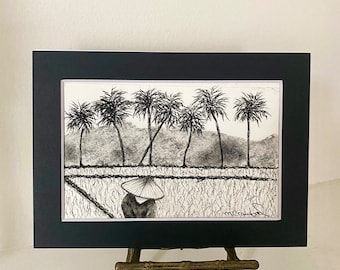 Hand-drawn Charcoal Landscape | Rice Terraces Indonesia | Original Sketch | Asian Art | Palm Tree Illustration | Gift For Traveler