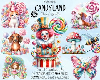 Candy Land 16 Clipart Bundle, Watercolor Commercial Use Transparent PNG, For Craft, Cards, Scrapbook Pages, Party Invitations, POD