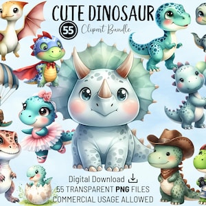 かわいい恐竜のクリップアート バンドル、赤ちゃん恐竜、高品質の PNG、印刷可能な水彩画のクリップアート、デジタル ダウンロード、招待状、工芸品、保育園