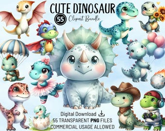 Può includere: Un pacchetto di clipart digitali con 13 adorabili dinosauri dei cartoni animati in varie pose e stili. I dinosauri sono in tonalità di blu, verde e marrone, alcuni con accessori come cappelli, tutù e mantelli. Il testo "Cute Dinosaur" è in alto.