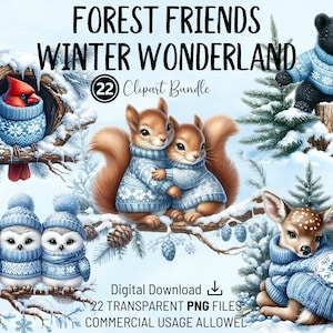 Pacote de clipart do Forest Friends Winter Wonderland: arquivos PNG de animais da floresta em suéter de inverno para cartões, convites e criação de conteúdo.