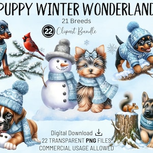 Paquete de imágenes prediseñadas de cachorros en el país de las maravillas invernal, 21 diseños de razas de perros para el invierno, PNG de alta calidad, imágenes prediseñadas de acuarela imprimibles, manualidades, tarjetas