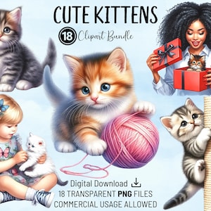 Pacchetto di Clipart di gattini carini, Amore per i gattini, PNG di alta qualità, Clipart di acquerelli stampabili, Download digitale, Artigianato