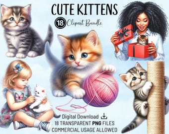 Cute Kittens Clipart Bundle, Kitten Love, High Quality PNGs, Printable Watercolour Clipart, Digital Download, Crafts