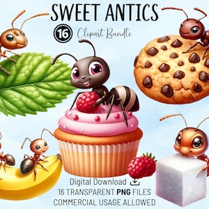Paquete de imágenes prediseñadas de Sweet Antics: lindas hormigas y dulces, paquete PNG de uso comercial para álbumes de recortes, tarjetas, invitaciones, manualidades, POD