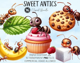 Sweet Antics Clipart Bundle - Cute Ants and Sweets, Commercial Use PNG Bundle for Scrapbooking, Cards, Invitations, Crafting, POD