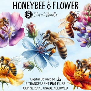 Honeybee & Flower Clipart Bundle, Bees and Flowers Commercial Use Transparent PNG, For Craft, Cards, Scrapbook Pages, Invitations, POD