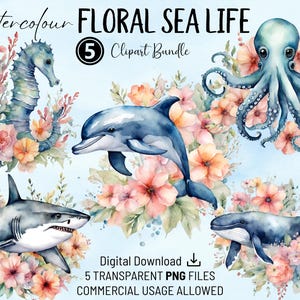 Bundle de cliparts aquarelle florale vie marine, illustrations de vie océanique, usage commercial PNG transparent, pour cartes, pages de scrapbooking, POD