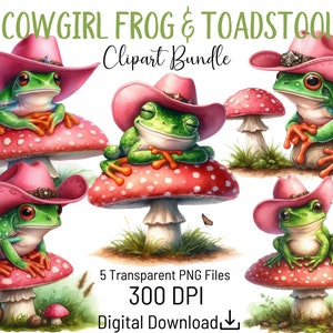 Lot de cliparts cow-girl grenouille champignon vénéneux, aquarelle à usage commercial PNG transparent, pour travaux manuels, cartes, pages de scrapbooking, invitations à une fête, POD