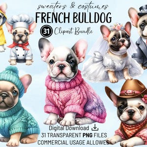 Pacote de clipart de suéteres e fantasias de buldogue francês | Downloads instantâneos de PNG para cartões, convites e artesanatos | Designs adoráveis e de alta qualidade
