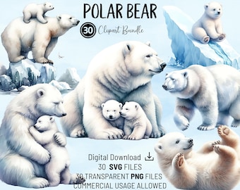 Polar Bear Clipart Bundle: Playful PNG & SVG Files (Digital Download)