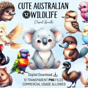 Joli ensemble de cliparts de la faune australienne, pépinière d'animaux australiens, PNG de haute qualité, clipart aquarelle imprimable, téléchargement numérique, travaux manuels