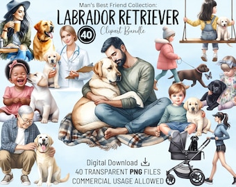 Könnte beinhalten: Ein digitales Clipart-Paket mit 40 Labrador Retriever-Illustrationen. Die Illustrationen zeigen Hunde in verschiedenen Altersstufen und Farben in verschiedenen Posen, darunter ein Hund, der auf einer Decke mit einem Mann sitzt, ein Hund in einem Kinderwagen und ein Hund mit einem Mädchen. Der Text "Man's Best Friend Collection: Labrador Retriever 40 Clipart Bundle" befindet sich oben im Bild. Der Text "Digital Download 40 Transparent PNG Files Commercial Usage Allowed" befindet sich unten im Bild.