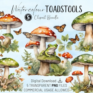 Lot de cliparts aquarelles de champignons vénéneux | Aquarelle de champignons PNG | Utilisation commerciale | Créations, cartes, scrapbooking, faire-part, designs POD