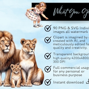 May include: A digital illustration of a lion family with a lioness, a lion, and a lion cub. The lion family is set against a blue watercolor background. The text "What You Get" is displayed above the lion family. The text below the lion family lists the features of the digital clipart, including 90 PNG and SVG images, transparent background, high quality, and commercial usage.