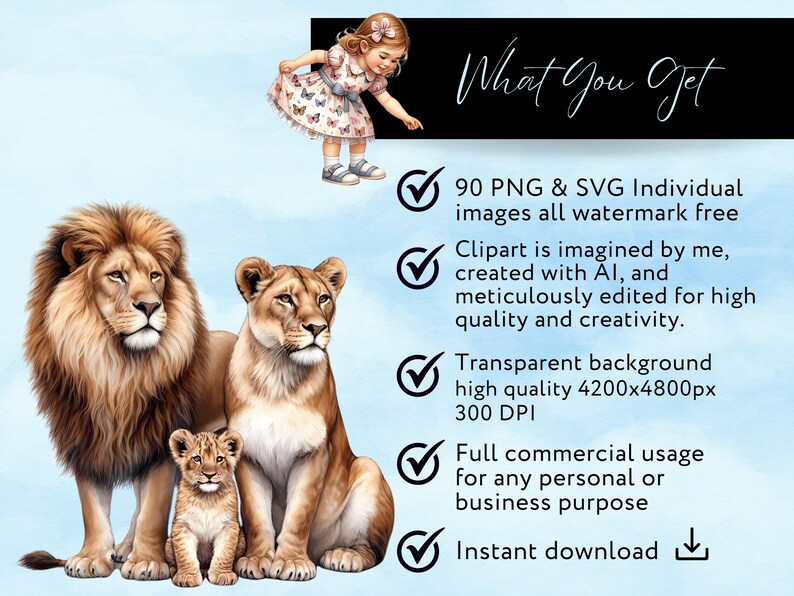 May include: A digital illustration of a lion family with a lioness, a lion, and a lion cub. The lion family is set against a blue watercolor background. The text "What You Get" is displayed above the lion family. The text below the lion family lists the features of the digital clipart, including 90 PNG and SVG images, transparent background, high quality, and commercial usage.
