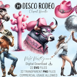 Bundle de cliparts disco rodéo, cowboy disco, cowgirl disco, usage commercial PNG et SVG pour cartes, scrapbooking, faire-parts et travaux manuels