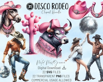 May include: A digital clipart bundle with a "Disco Rodeo" theme. The image features illustrations of a horse, bull, cowboy, and cowgirl, all adorned with pink cowboy hats and accessories. A disco ball and cactus are also included. The text "Wild West Groove" is present.