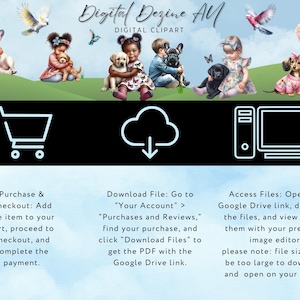 May include: Digital clipart illustrations of children with dogs and a shopping cart, cloud download icon, and computer monitor. Text reads: "Digital Dezine All", "Digital Clipart", "Purchase & Checkout: Add the item to your cart, proceed to checkout, and complete the payment.", "Download File: Go to "Your Account" > "Purchases and Reviews", find your purchase, and click "Download Files" to get the PDF with the Google Drive link.", "Access Files: Open the Google Drive link, download the files, and view or edit them with your preferred image editor. Please note: file sizes may be too large to download and open on your phone."