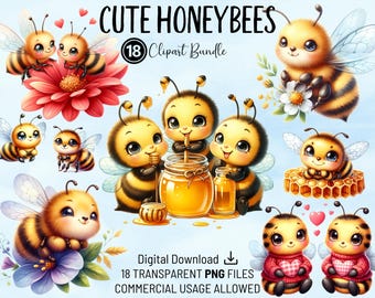 Cute Honeybees Clipart Bundle, Colourful Nursery Honeybees, High Quality PNGs, Printable Watercolour Clipart, Digital Download, Crafts