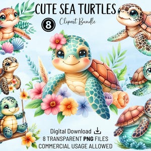 Schattige zeeschildpadden clipartbundel, kinderkamer zeeschildpadden, hoge kwaliteit png's, afdrukbare aquarel clipart, digitale download, ambachten, uitnodigingen