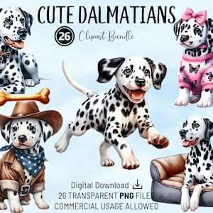 Cute Dalmatians Clipart Bundle, Playful Dalmatians, High Quality PNGs, Printable Clipart for Craft, Cards, Invitations, Scrapbooks, POD
