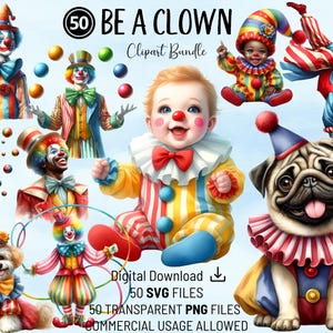 Pacote de clipart Be a Clown, palhaços de circo divertidos, arquivos PNG e SVG transparentes, artesanato, cartões, álbuns de recortes, convites, diários, decoração de berçário