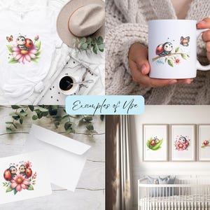 May include: A set of three watercolor illustrations featuring a ladybug with a butterfly on a branch, a ladybug with flowers, and a ladybug with a green caterpillar. The illustrations are perfect for adding a touch of whimsy to any project.
