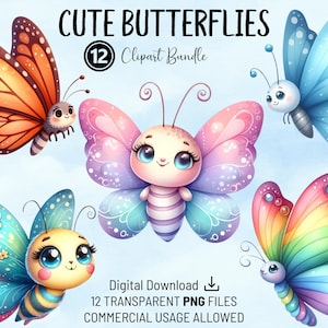 Niedliche Schmetterlinge Clipart Bundle, bunte Kinderzimmer Schmetterlinge, hochwertige PNGs, druckbare Aquarell Clipart, digitaler Download, Kunsthandwerk