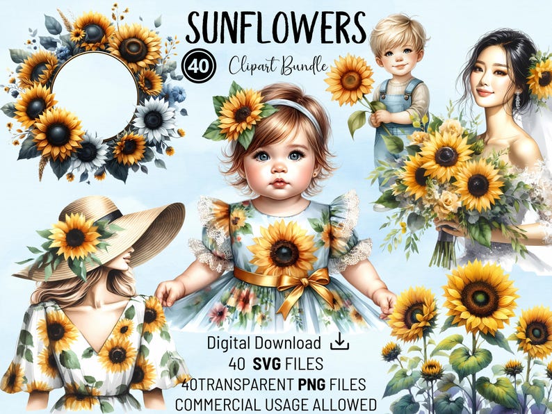 Sunflower Clipart Bundle: 40 PNG & SVG Files (digital Download) - Etsy