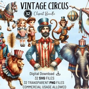 Vintage circus clipartbundel, commercieel gebruik transparante PNG- en SVG-bestanden, voor ambacht, kaarten, plakboekpagina's, uitnodigingen, ongewenste dagboek